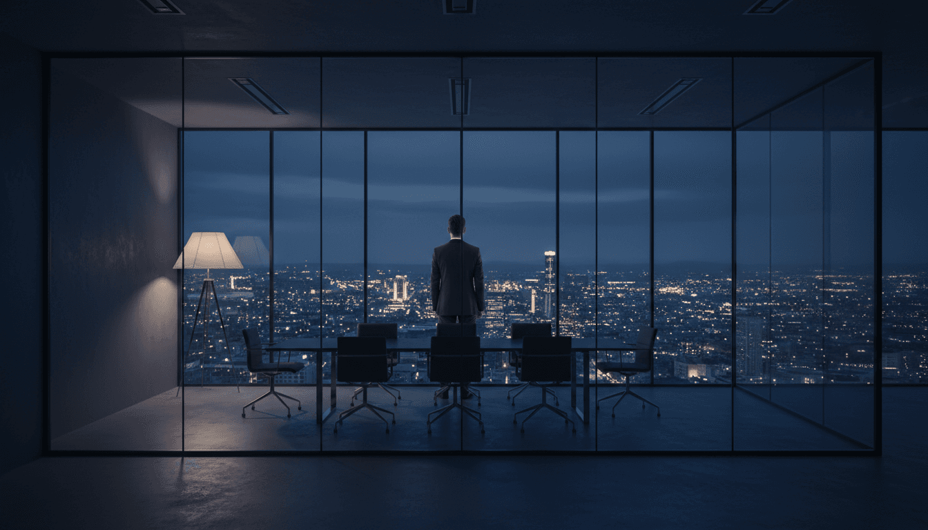 Executive overlooking a city skyline from a modern glass boardroom at dusk