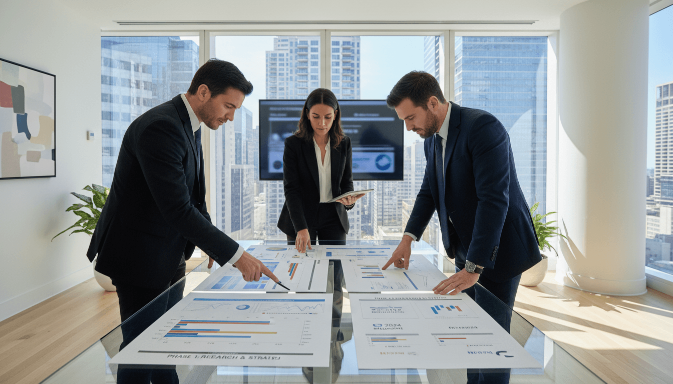 Business consultant pointing at project timeline on a whiteboard in a bright modern office