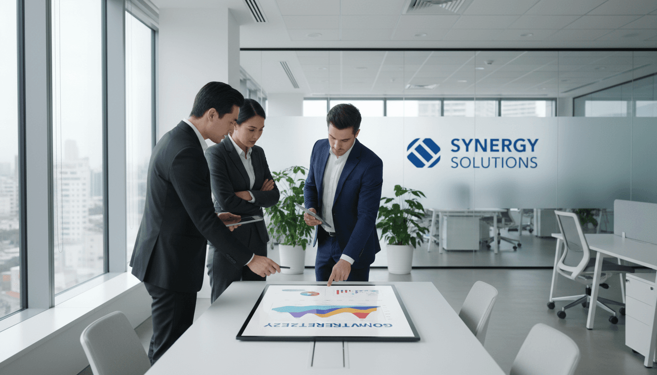 Two business professionals reviewing documents at a table in a bright, modern office