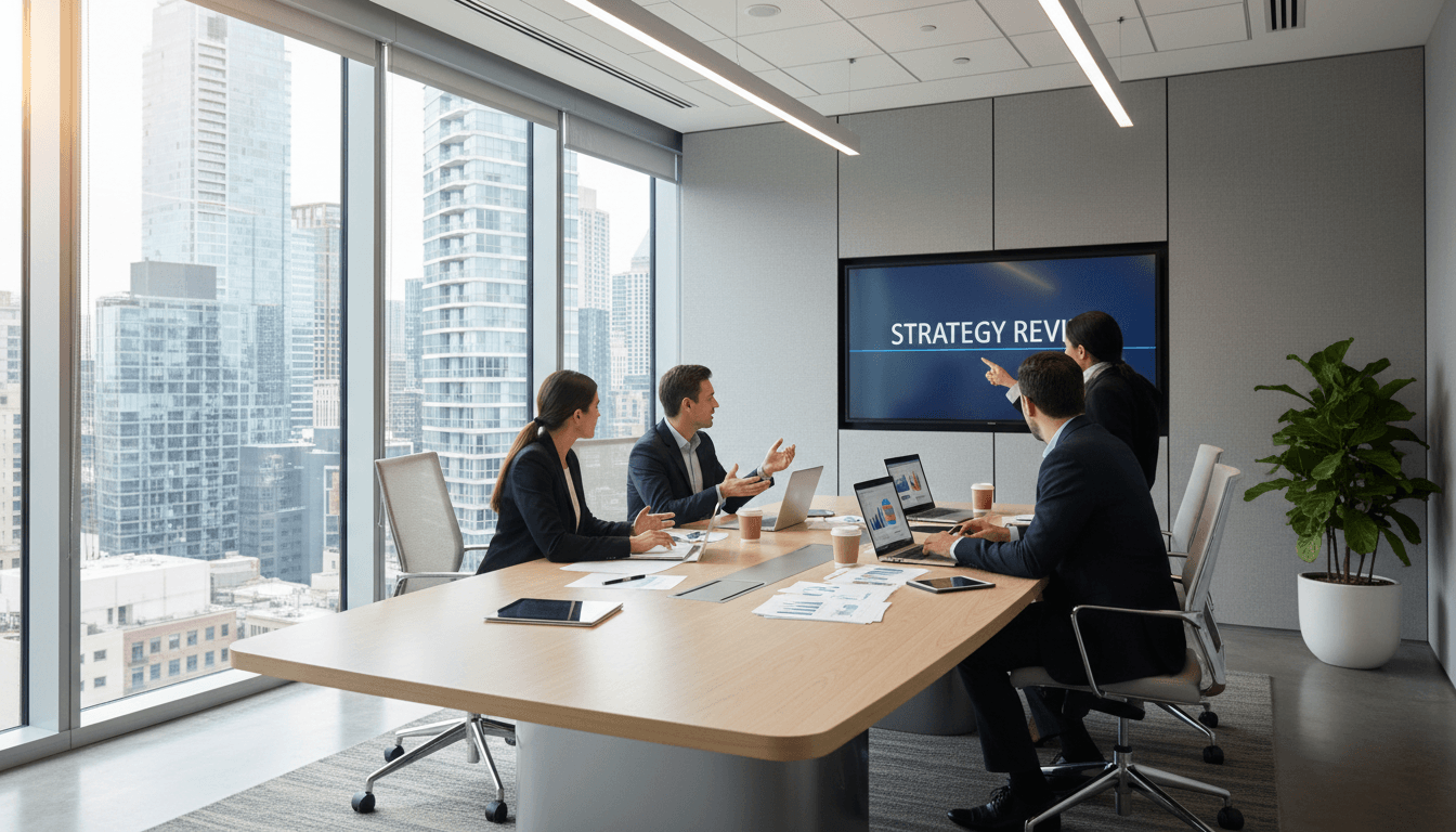 Business consultants reviewing a service agreement around a modern conference table