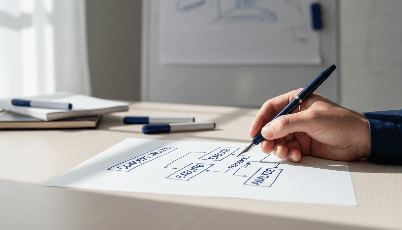 Hand sketching a business process flowchart on paper at a clean desk