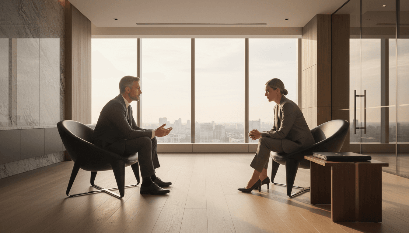 Modern, minimalist boardroom with a long oak table and navy accent wall bathed in soft natural light