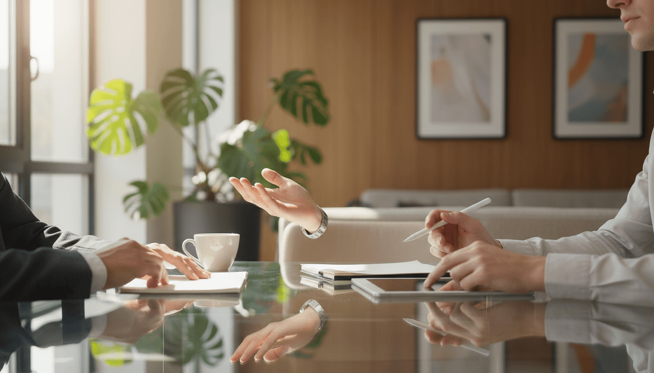 Business consultant reviewing strategy documents with a client in a bright modern office