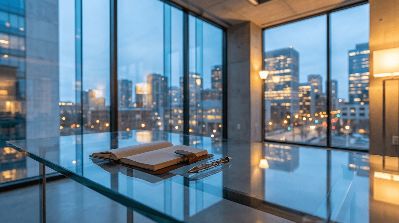 Modern boardroom with city skyline at dusk