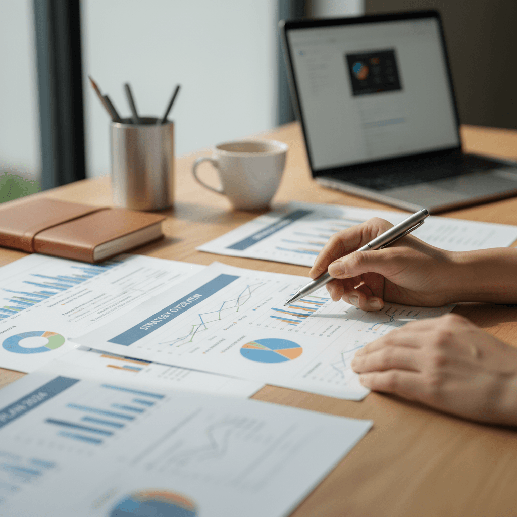 Business consultant reviewing a growth plan with a client in a modern office